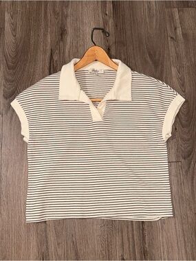 Striped Short Sleeve Knit Polo Tee in Cream with Black Lines Summer Top
